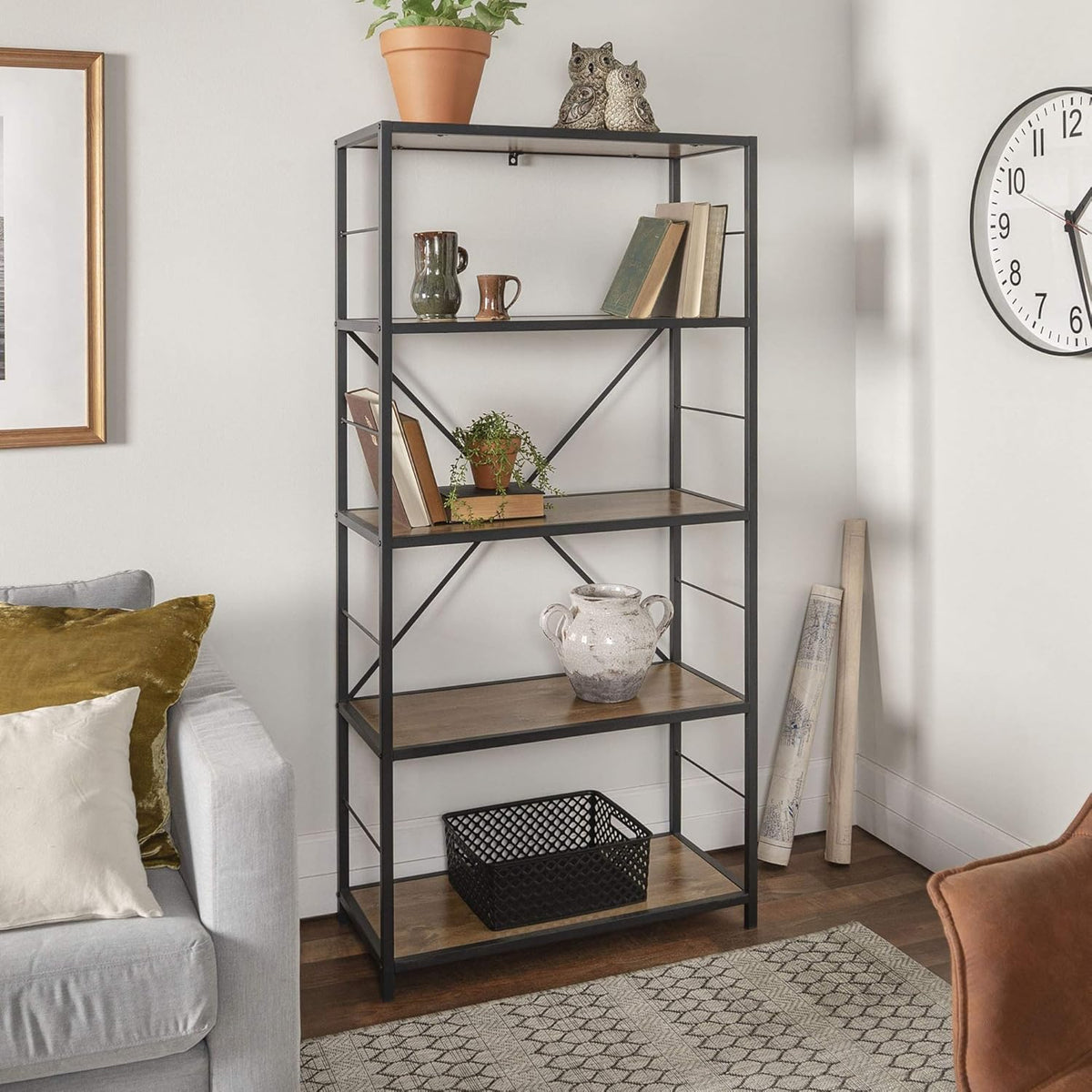 4 Tier Rustic Wood Metal Bookcase C6943