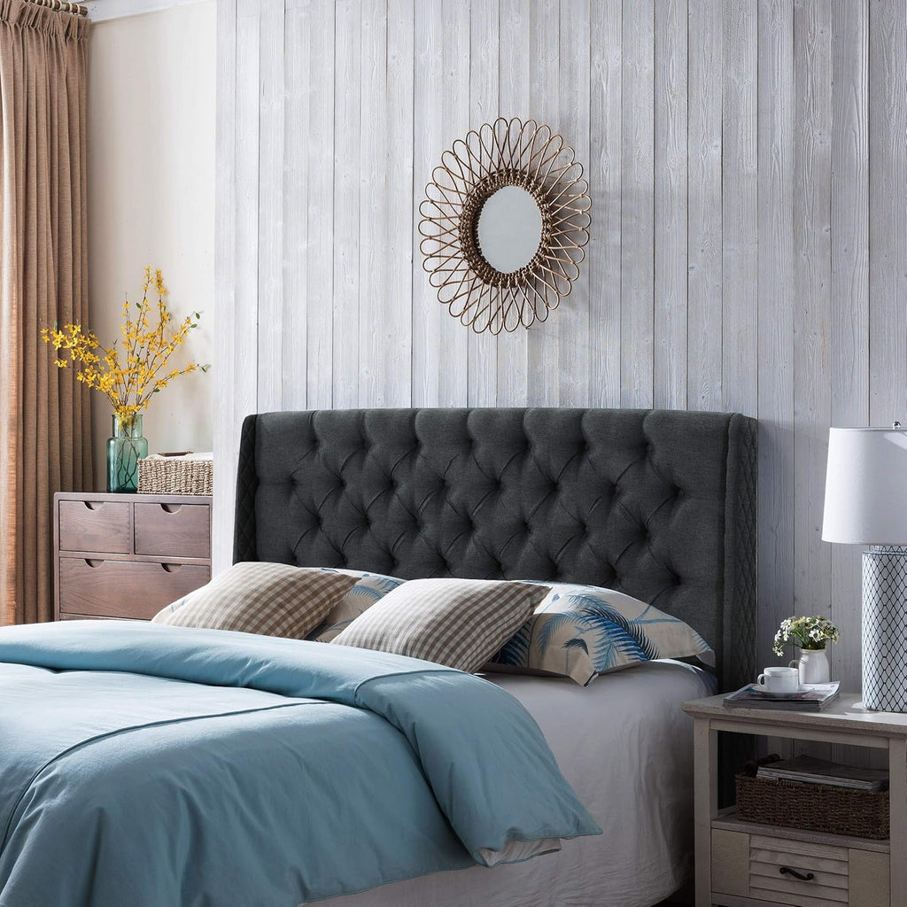 Queen Dark Gray Black Tufted Fabric Headboard B7169