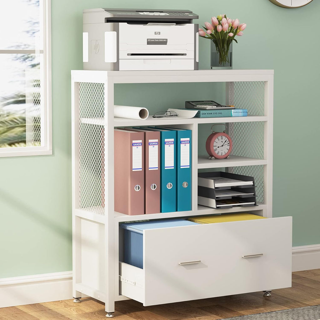 White Wood Lateral File Cabinet with Drawer and Open Storage Shelves W828949