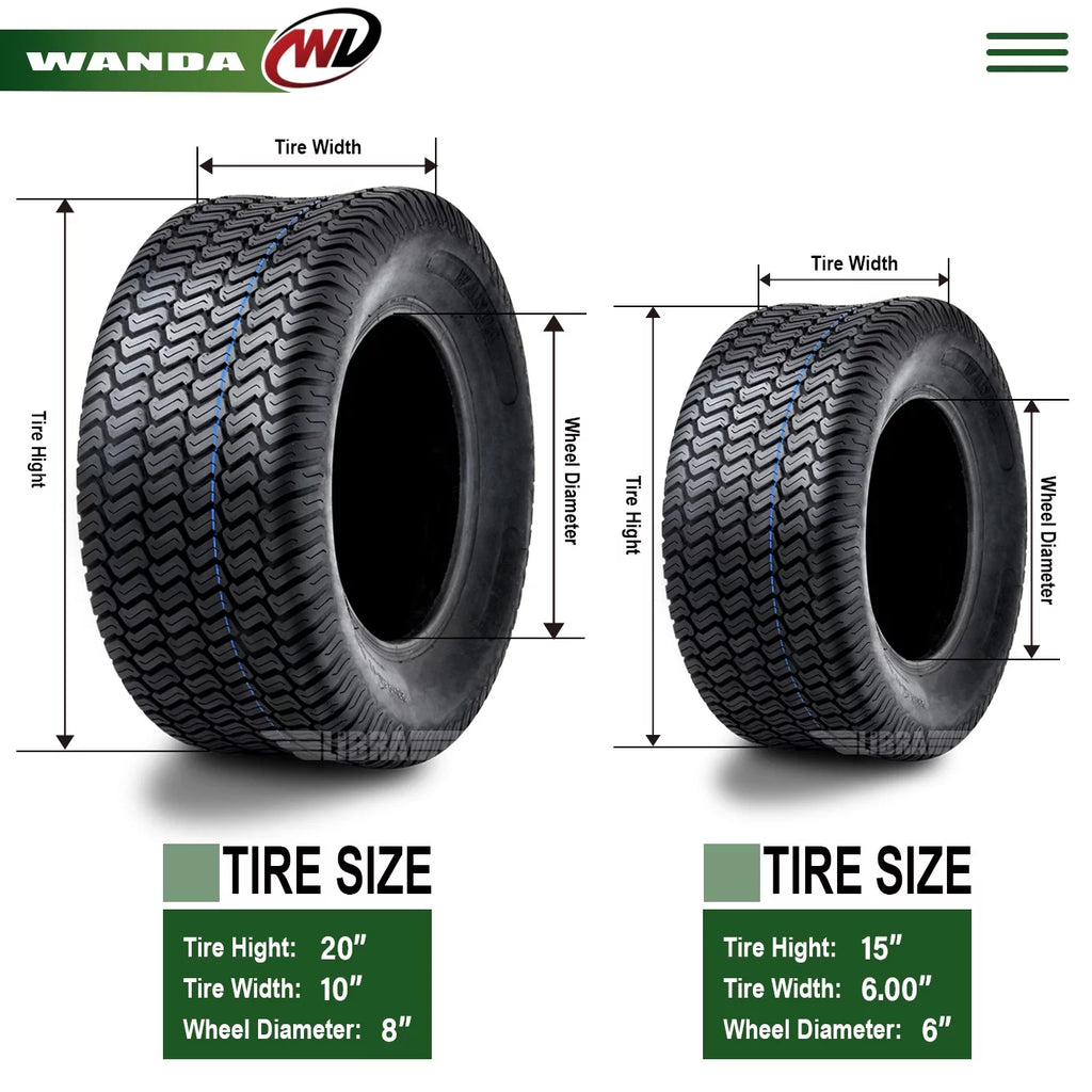 Set of 4 Lawn Mower Turf Tires 15x6-6 Front & 20x10-8 Rear I967