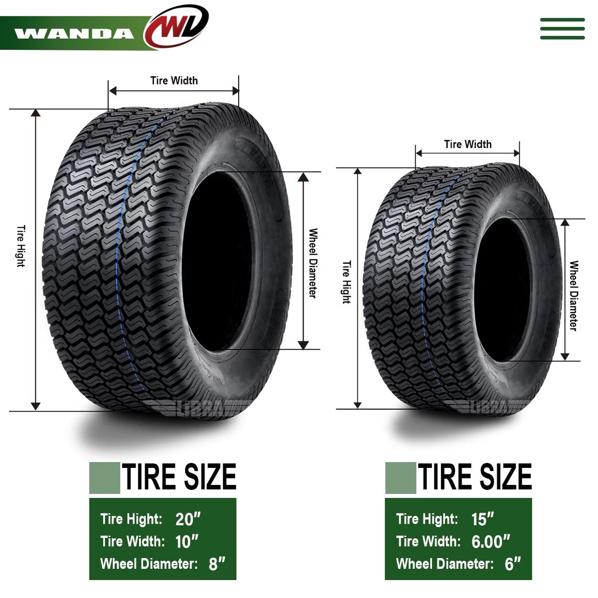 Set of 4 Lawn Mower Turf Tires 15x6-6 Front & 20x10-8 Rear I967