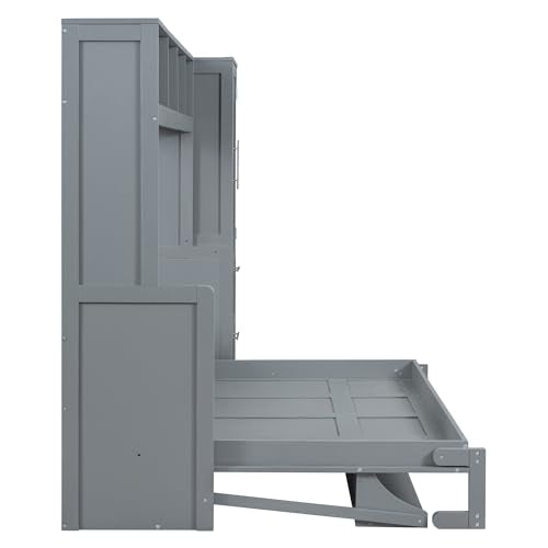 Queen Size Murphy Bed with Closet Storage Drawers Shelf and Desk White J312751