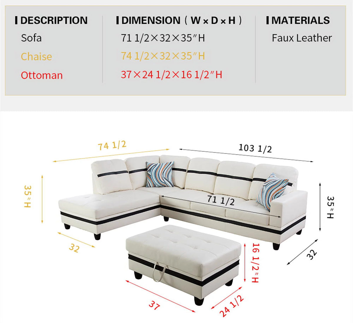 White Faux Leather Left Hand Facing Sofa & Chaise with Ottoman I3751