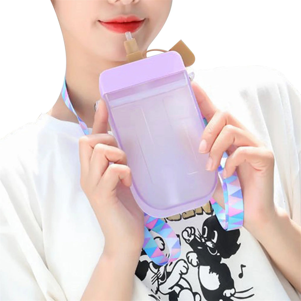 Translucent Water Bottle with Straw and Shoulder Strap G15743