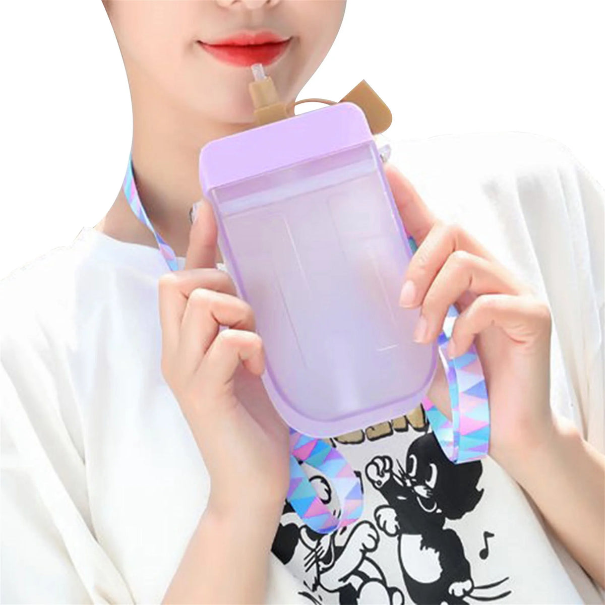 Translucent Water Bottle with Straw and Shoulder Strap G15743