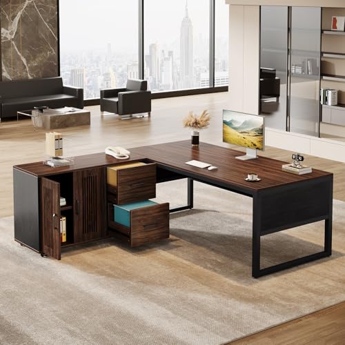 63-Inch L-Shaped Executive Desk with Mobile File Cabinet, Drawers and Storage Shelves, Dark Walnut & Black H544