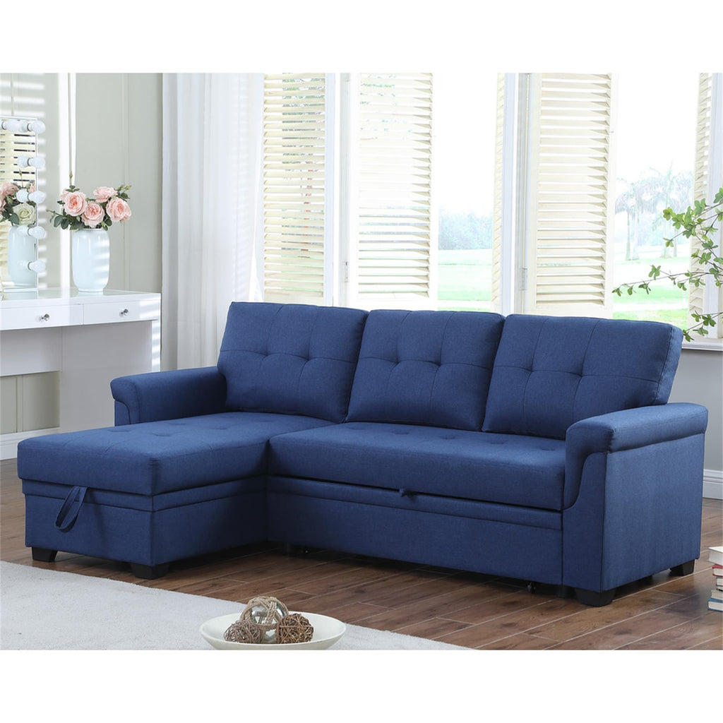 Blue Linen Reversible Sleeper Sectional Sofa with Storage Chaise A3635