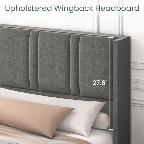 King Size Linen Upholstered Platform Bed Frame with 4 Storage Drawers and Wingback Headboard Q678