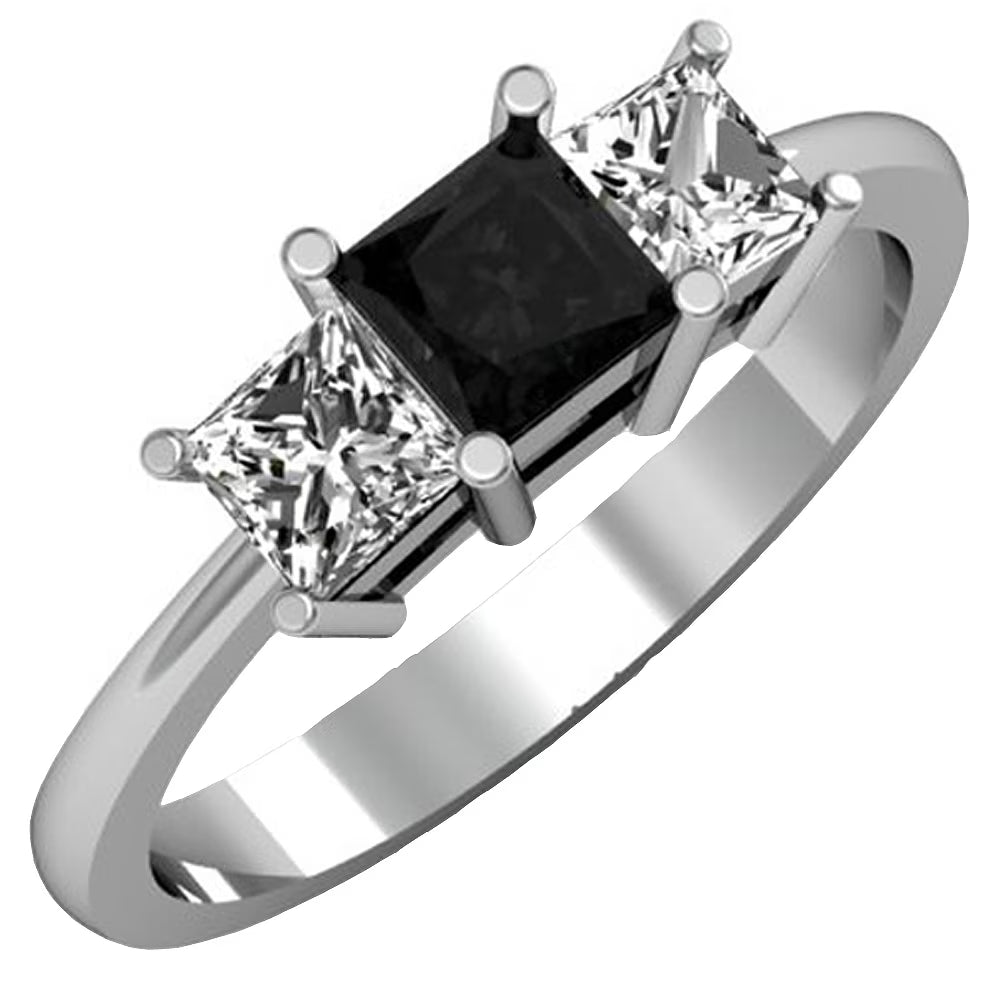 1 CT Princess Cut Black & White Diamond 3 Stone Ring D104497