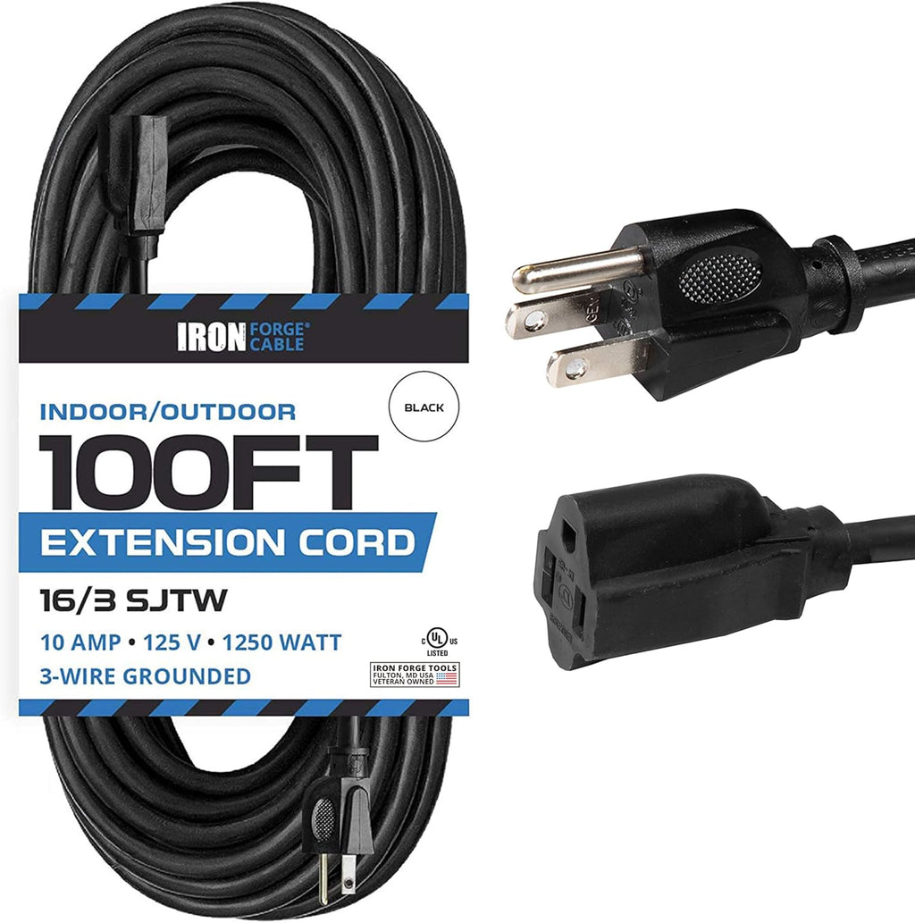 Black 16/3 100 Ft Outdoor Extension Cord with 3 Prong Grounded Plug D85972