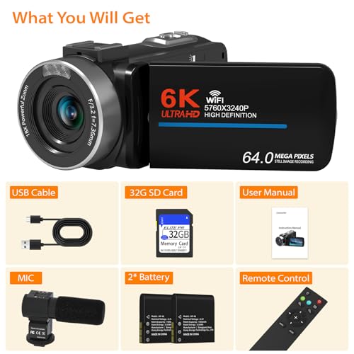 6K Camcorder with Microphone, 2.4G Remote Control, 2 Batteries & 32G SD Card R2765