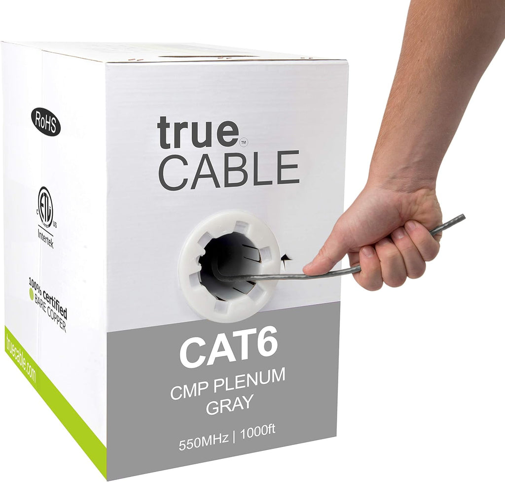 Cat6 Plenum 1000ft Black 23AWG 4 Pair Solid Bare Copper Bulk Ethernet Cable E634