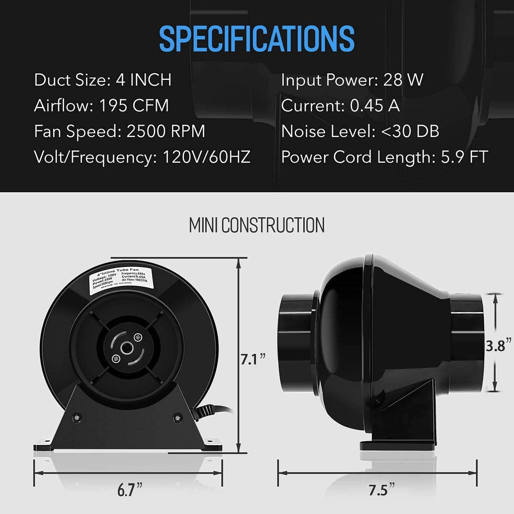 4 Inch 195 CFM Inline Fan Carbon Filter Ducting Ventilation Kit U6093