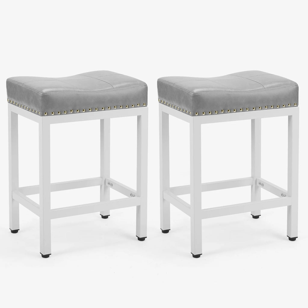 Bar Stools Set of 2, 24 Inch Metal Base PU Leather Saddle Seats, Gray S4990