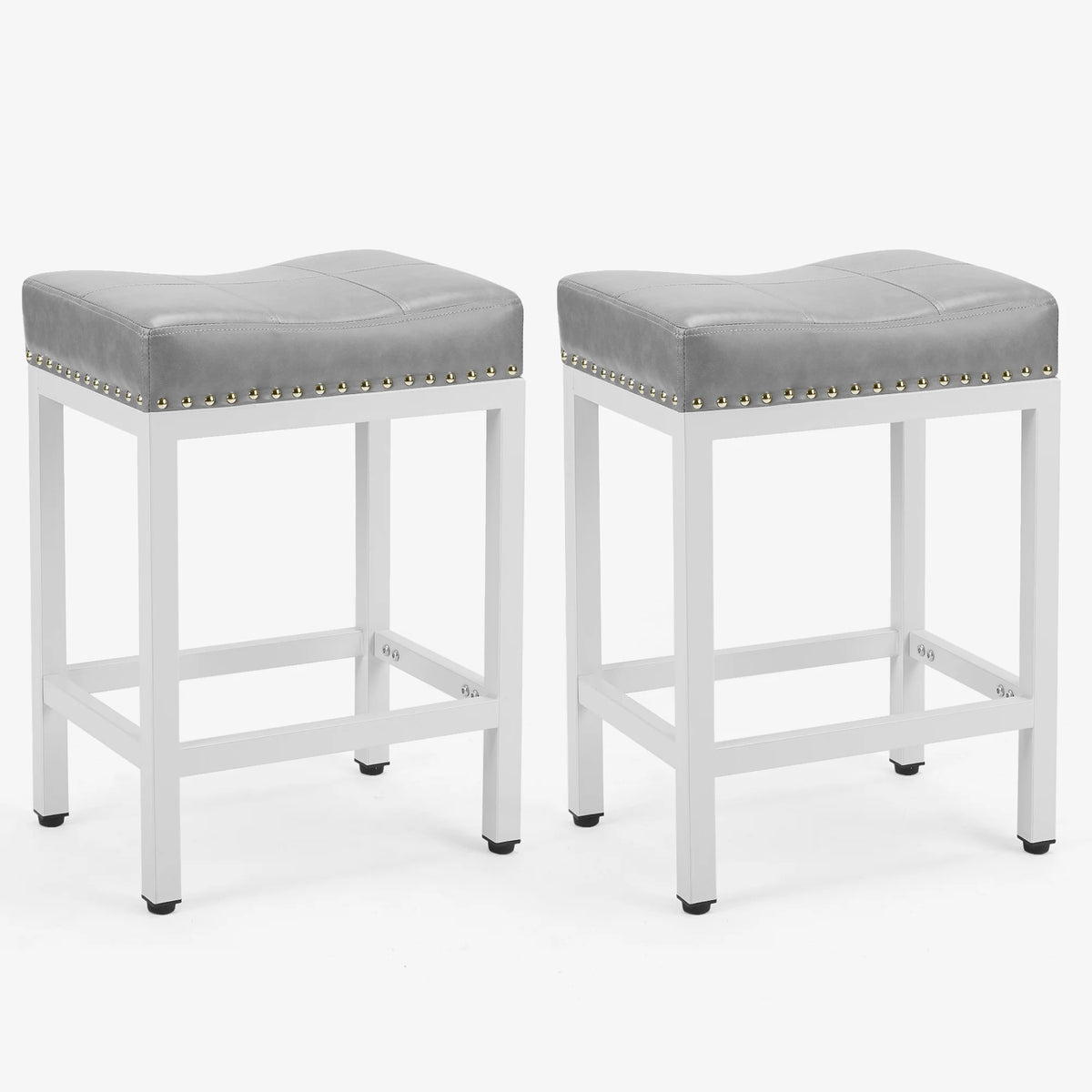 Bar Stools Set of 2, 24 Inch Metal Base PU Leather Saddle Seats, Gray S4990