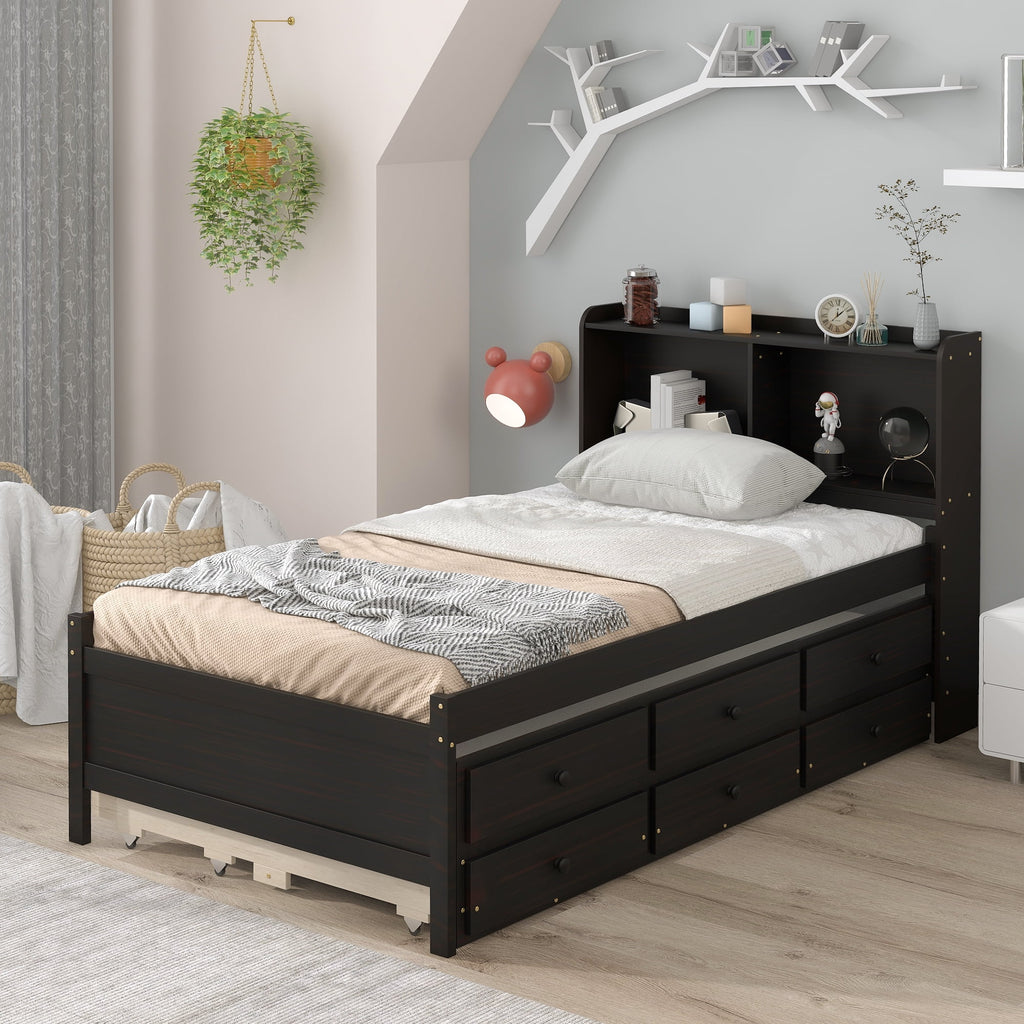 Twin Bed with Bookcase Trundle Drawers K80391