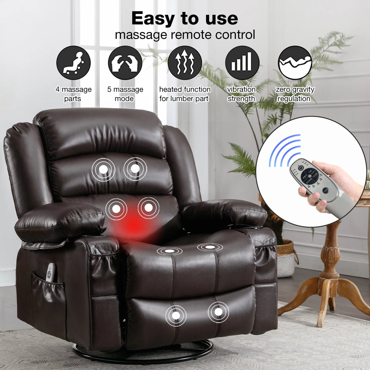 Brown Ergonomic Swivel Rocker Recliner Chair with Vibration Massage and Heat L81480