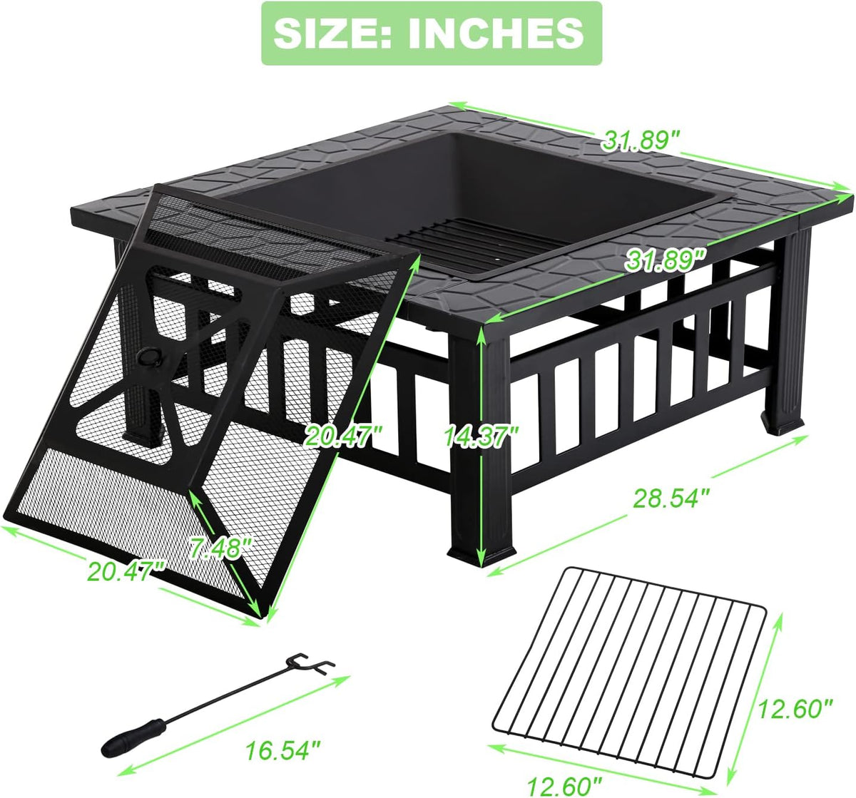 32 Fire Pit Table Wood Burning with Spark Screen Fire Poker Black F6411