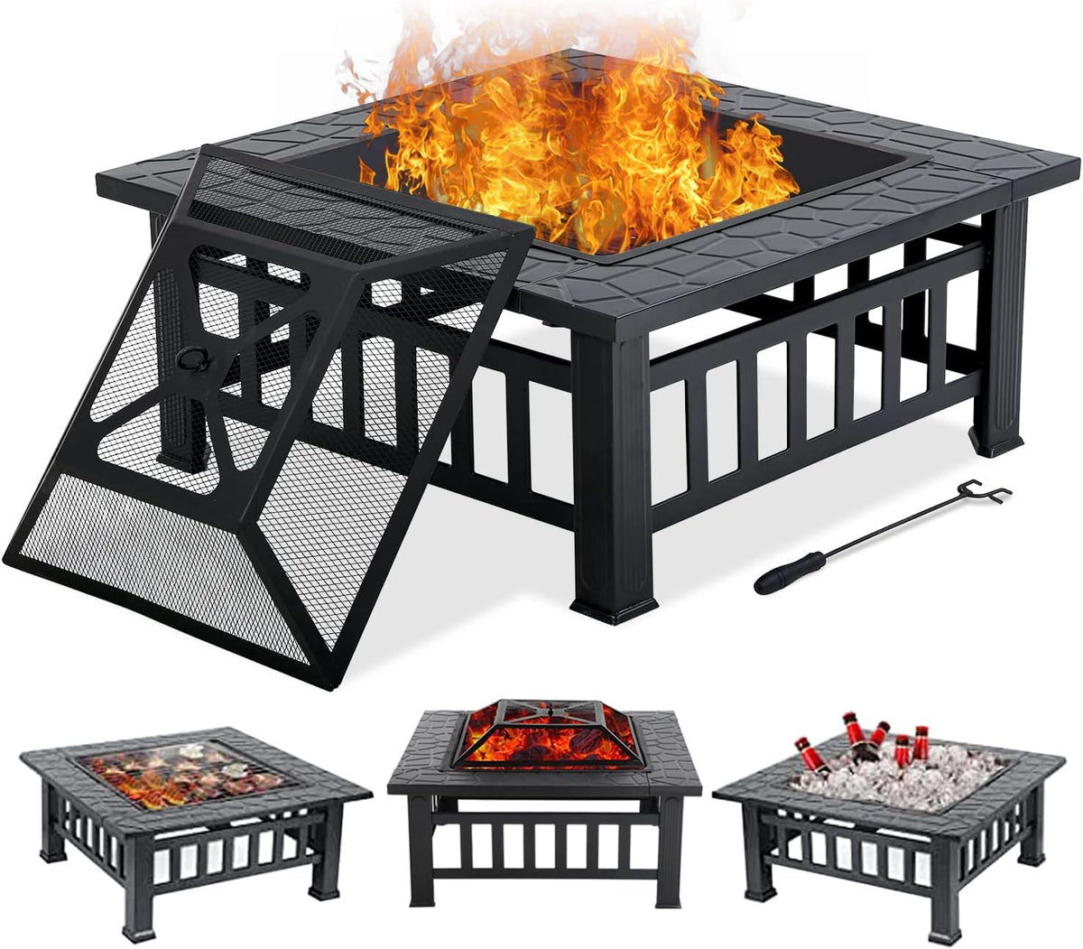 32 Fire Pit Table Wood Burning with Spark Screen Fire Poker Black F6411