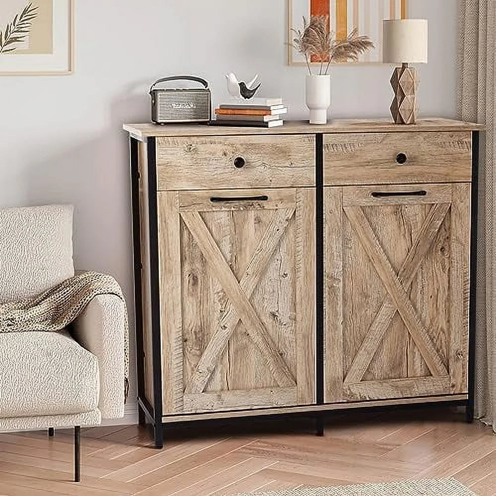 Double Barn Door Style Trash Cabinet with Solid Hideaway Drawer C12161