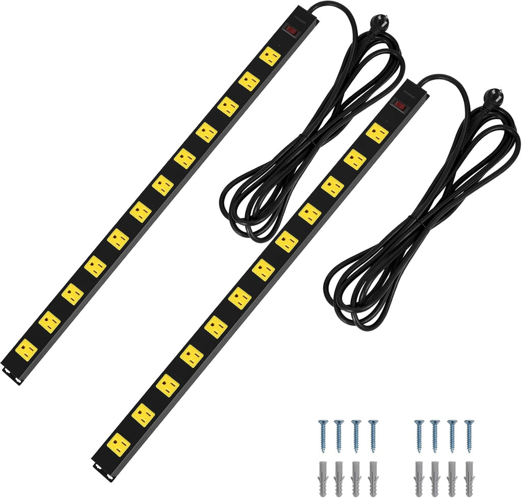 2-Pack 12 Outlet Metal Power Strip with 15 FT Cord Surge Protector O430187
