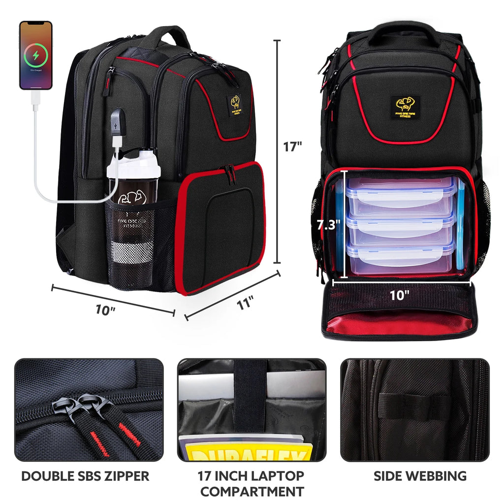 Insulated Meal Prep Backpack with 3 Meal Containers, 2 Ice Packs and Protein Shaker, Black M5234