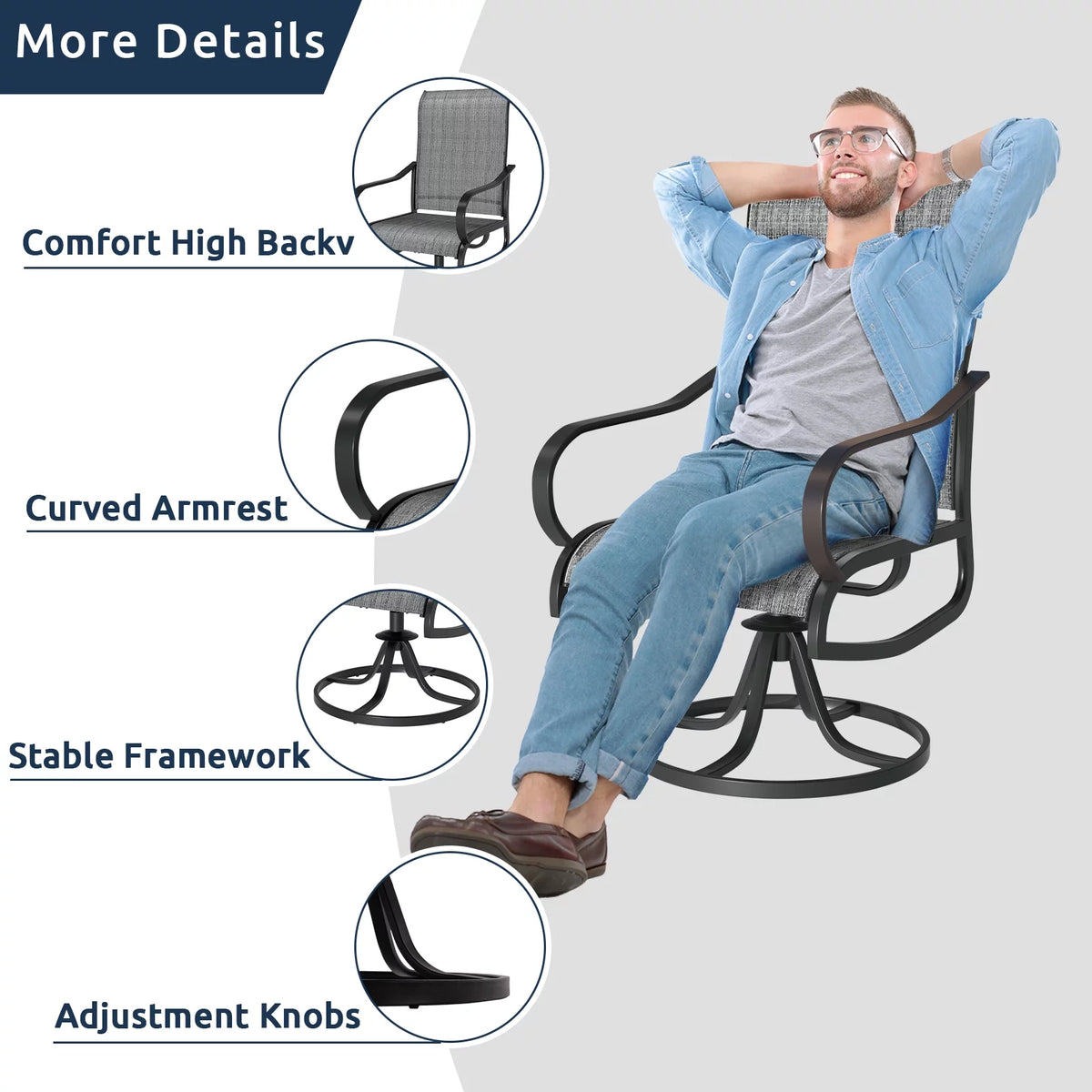 Grey White Set of 2 High Back Padded Swivel Patio Chairs Y4383