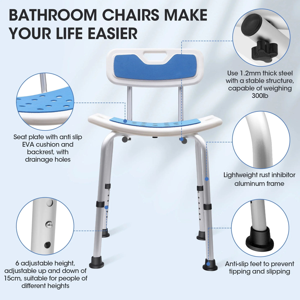 Bath and Shower Chair with Back and Padded Armrests, Height Adjustable U59334