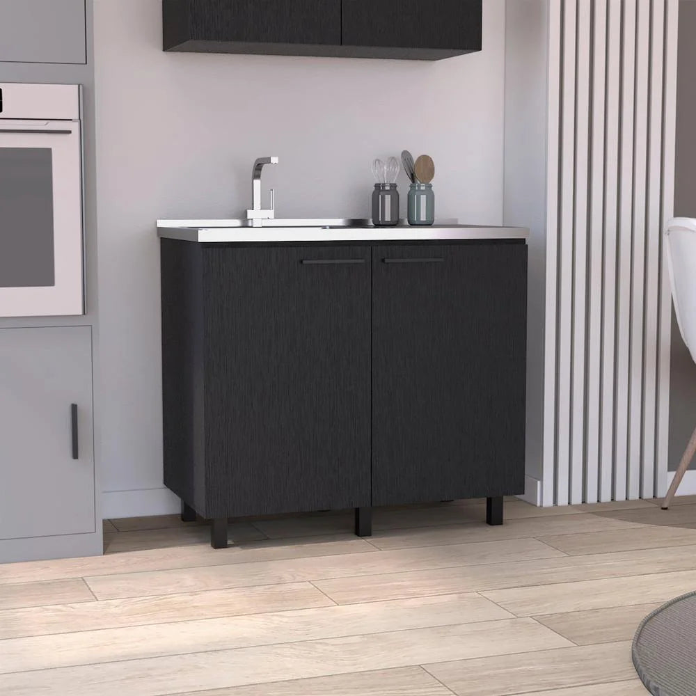 Black 2 Door Utility Base Cabinet with Stainless Steel Countertop U9377