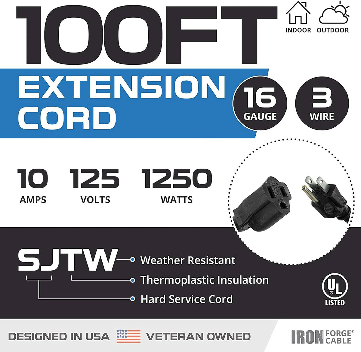 Black 16/3 100 Ft Outdoor Extension Cord with 3 Prong Grounded Plug D85972