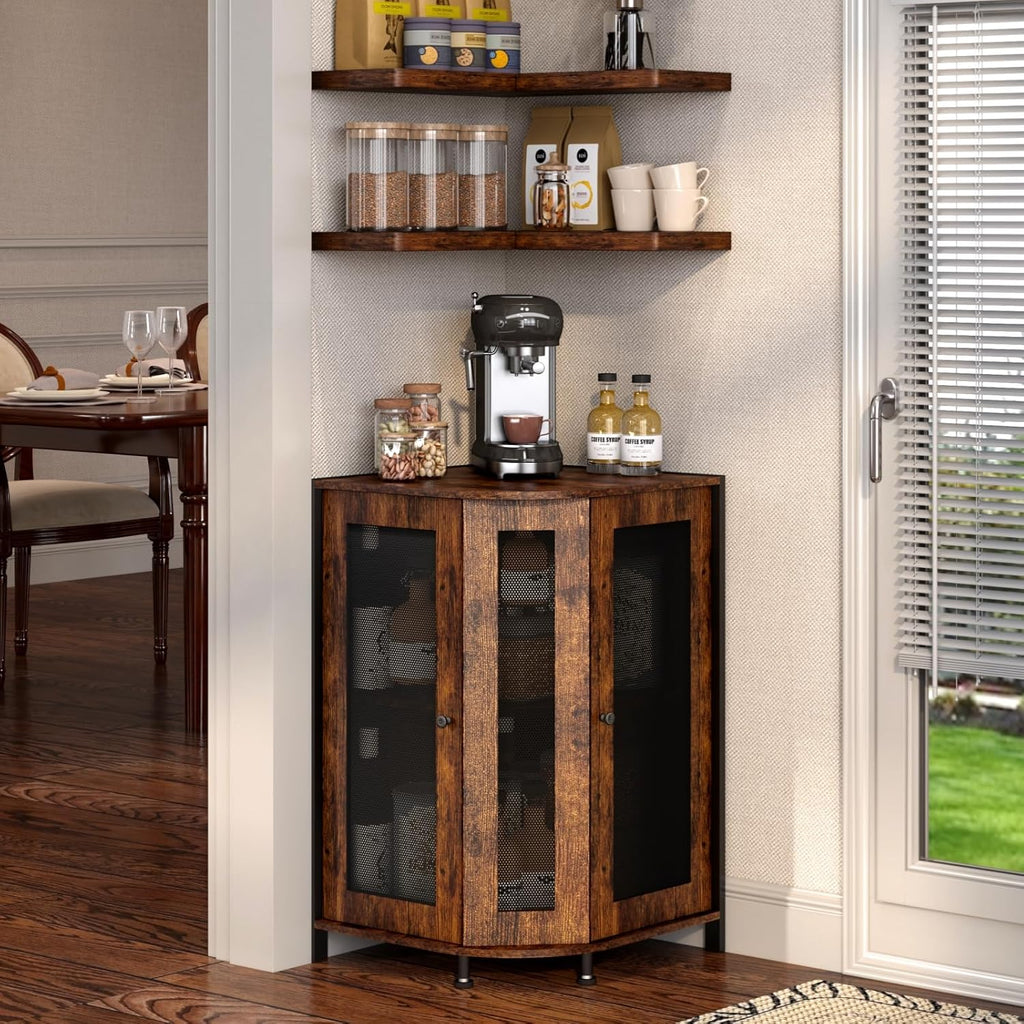 3-Tier Rustic Wood Coffee Bar Cabinet with Storage Shelf T992086