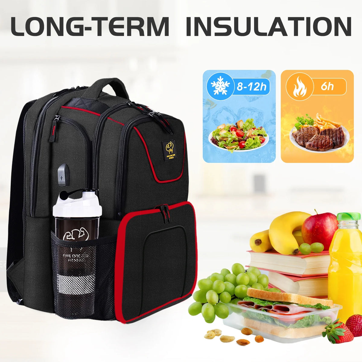 Insulated Meal Prep Backpack with 3 Meal Containers, 2 Ice Packs and Protein Shaker, Black M5234