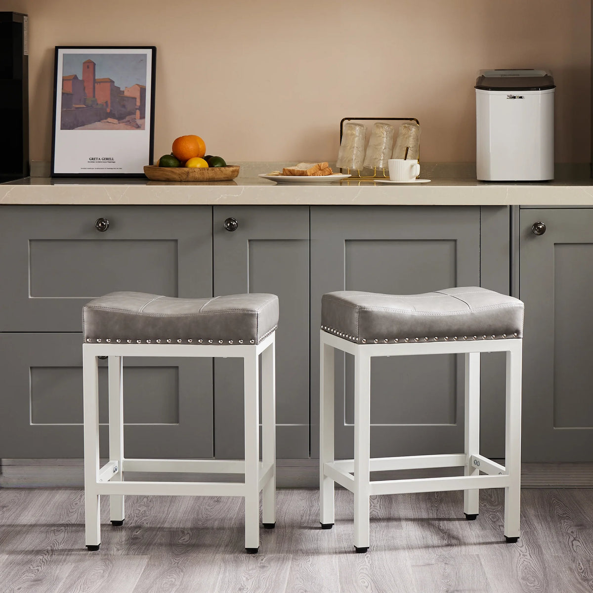Bar Stools Set of 2, 24 Inch Metal Base PU Leather Saddle Seats, Gray S4990