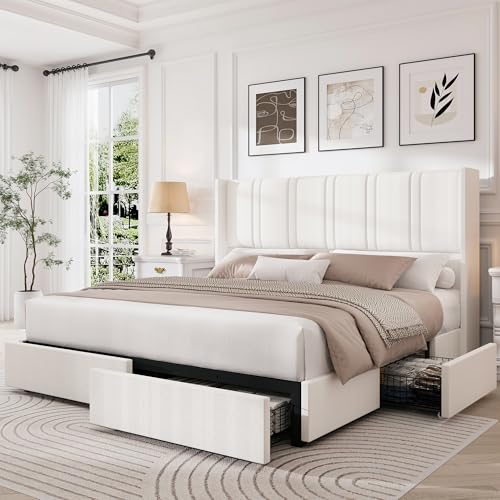 King Size Linen Upholstered Platform Bed Frame with 4 Storage Drawers and Wingback Headboard Q678