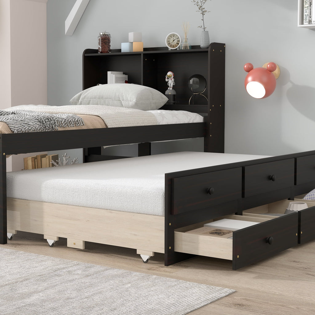Twin Bed with Bookcase Trundle Drawers K80391