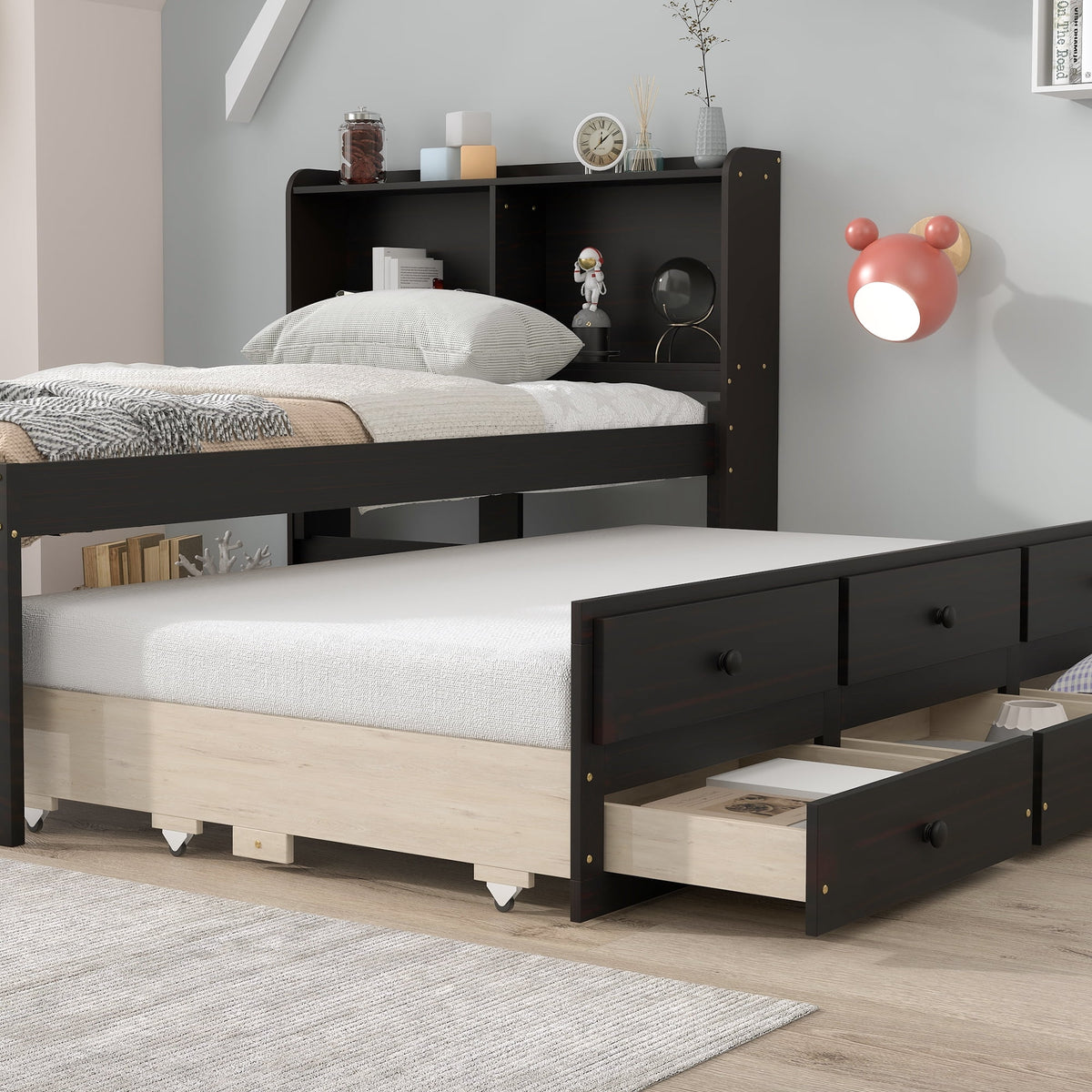 Twin Bed with Bookcase Trundle Drawers K80391