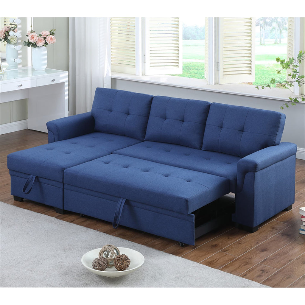 Blue Linen Reversible Sleeper Sectional Sofa with Storage Chaise A3635
