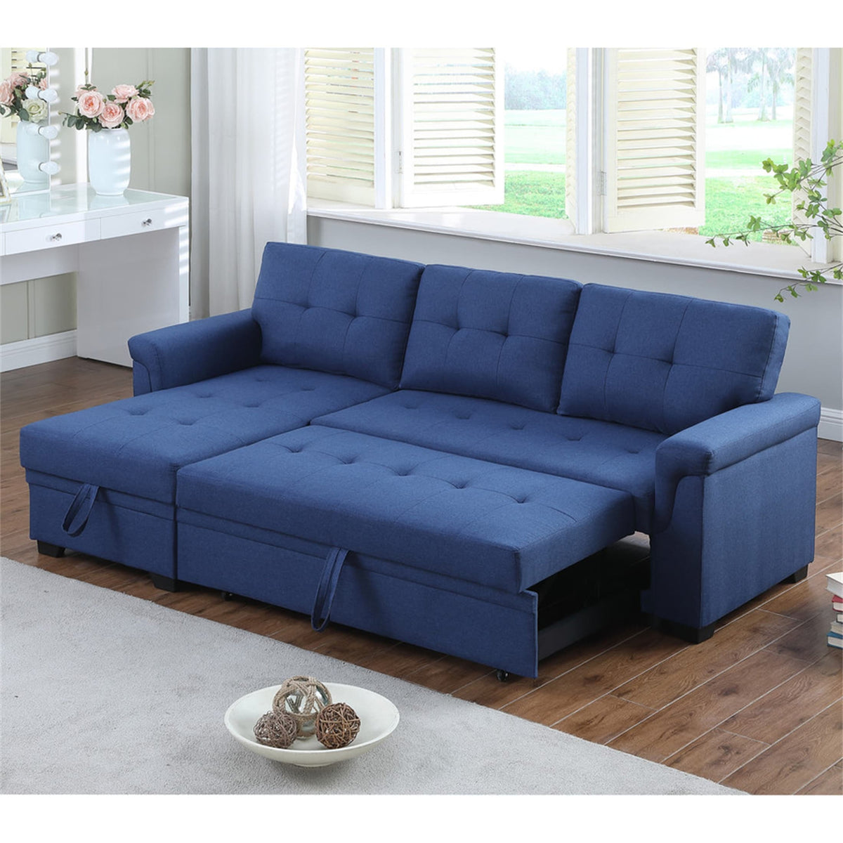 Blue Linen Reversible Sleeper Sectional Sofa with Storage Chaise A3635