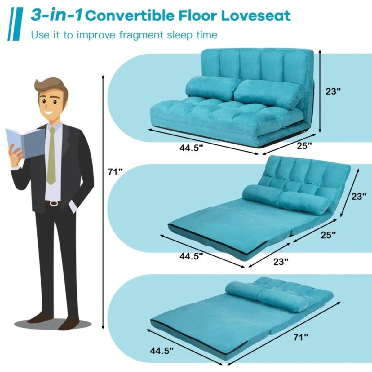 Teal Blue Foldable Floor Sofa Bed with Cloth Cover J30932