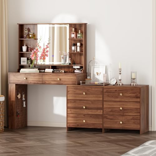 White 8 Drawer Vanity Desk with Mirror and Lights A19085