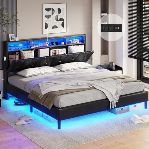 Creamy White Velvet Upholstered Full Size Bed Frame with Headboard Storage and LED Lights G2144