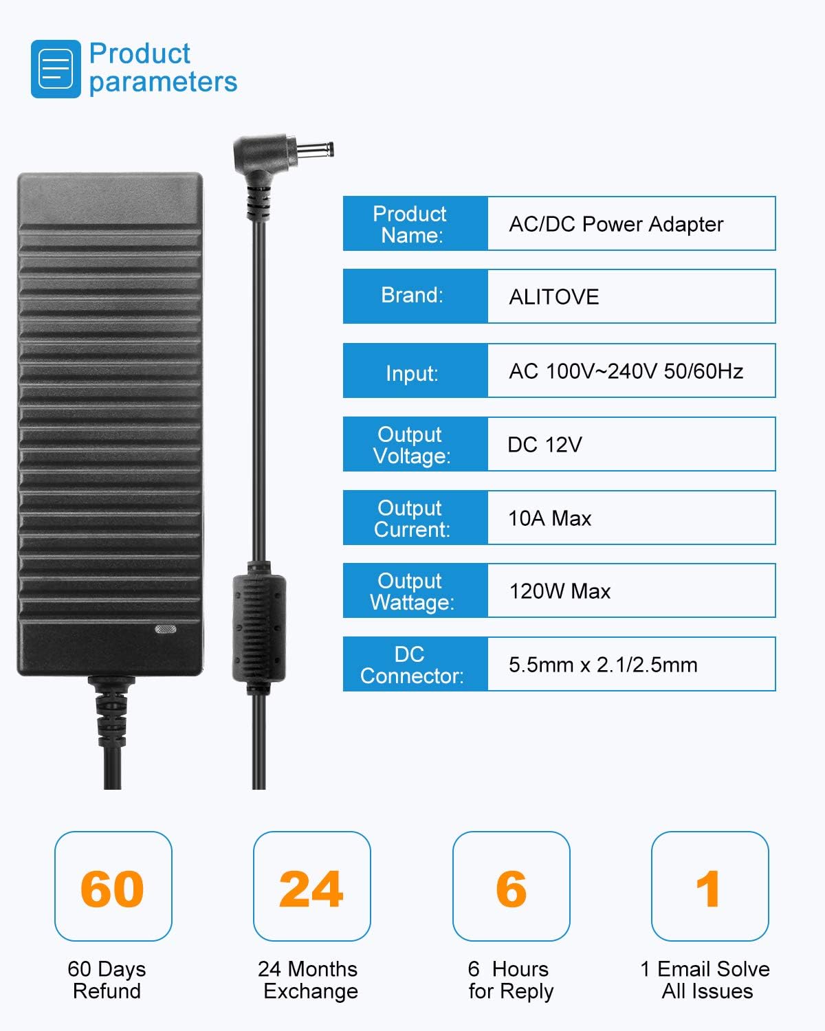 12V 10A 120W AC to DC Power Supply Adapter with 5.5x2.5mm Plug, Pack of 5 F288