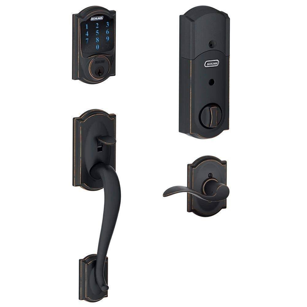 Aged Bronze Touchscreen Deadbolt with Alarm and Handleset with Interior Lever J292