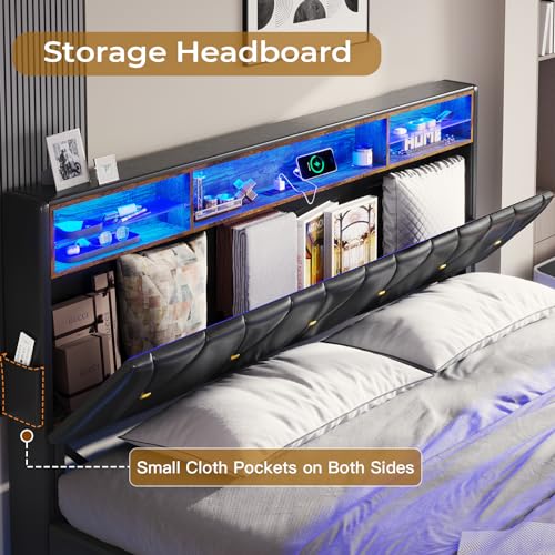 Creamy White Velvet Upholstered Full Size Bed Frame with Headboard Storage and LED Lights G2144