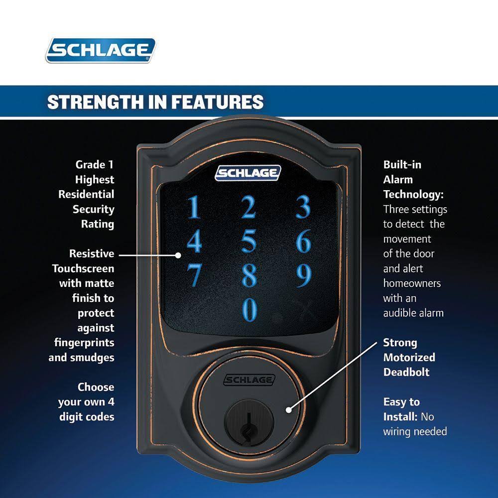 Aged Bronze Touchscreen Deadbolt with Alarm and Handleset with Interior Lever J292