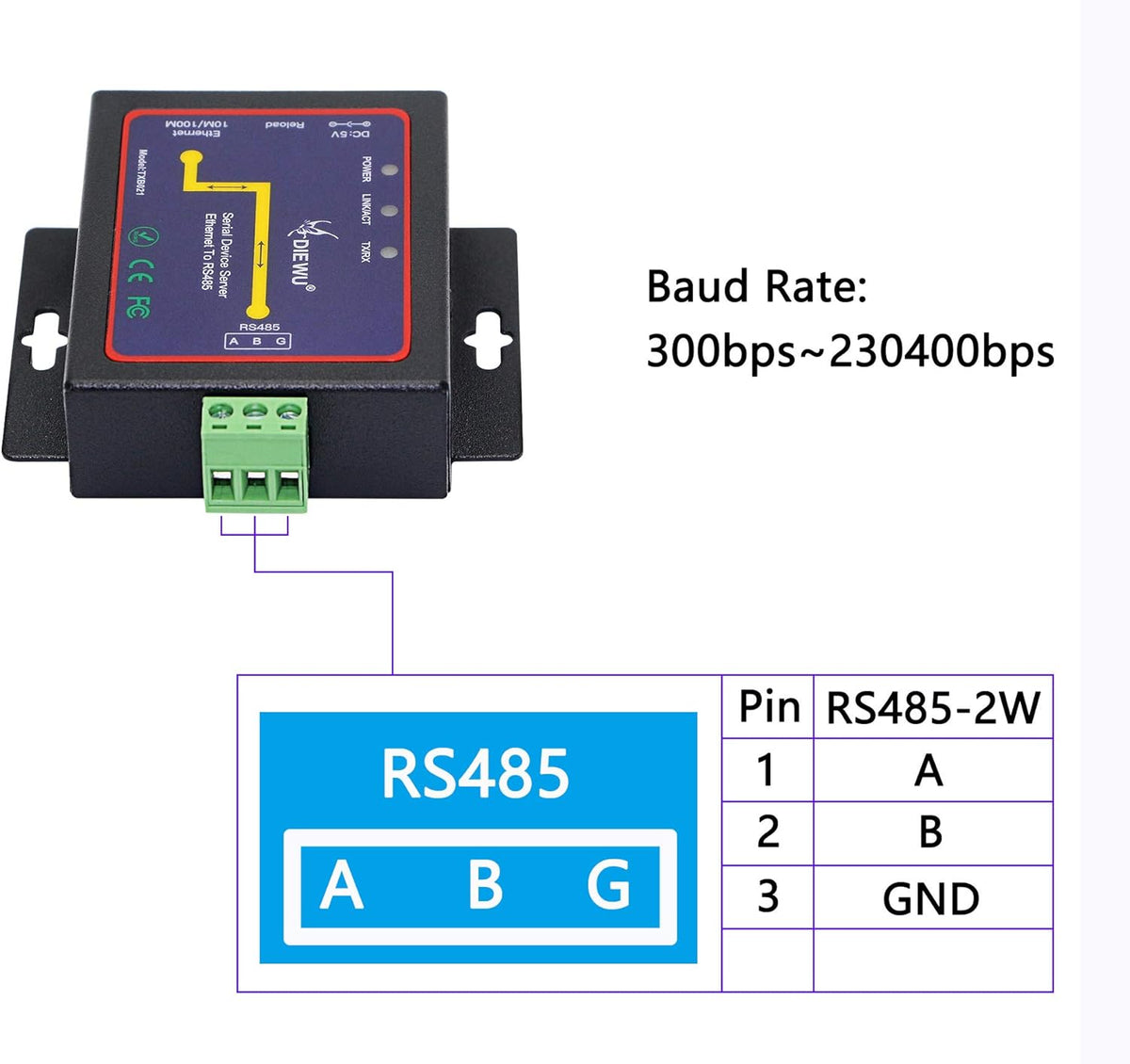 RS485 to Ethernet RJ45 TCP/IP Serial Device Server Converter, Pack of 2 G814