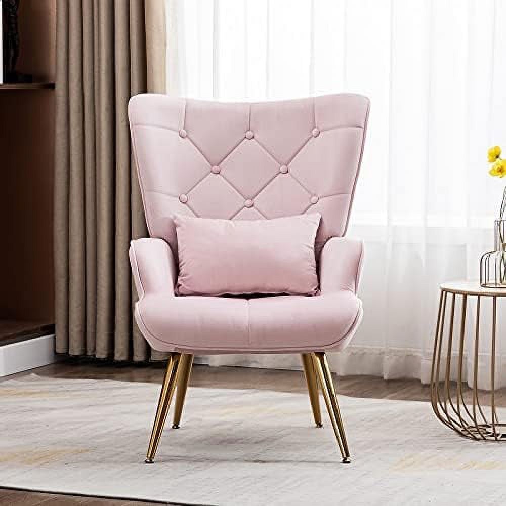Velvet Buttoned Accent Arm Lounge Chair with Golden Plated Metal Legs & Pillow High Wingback Chair T9082