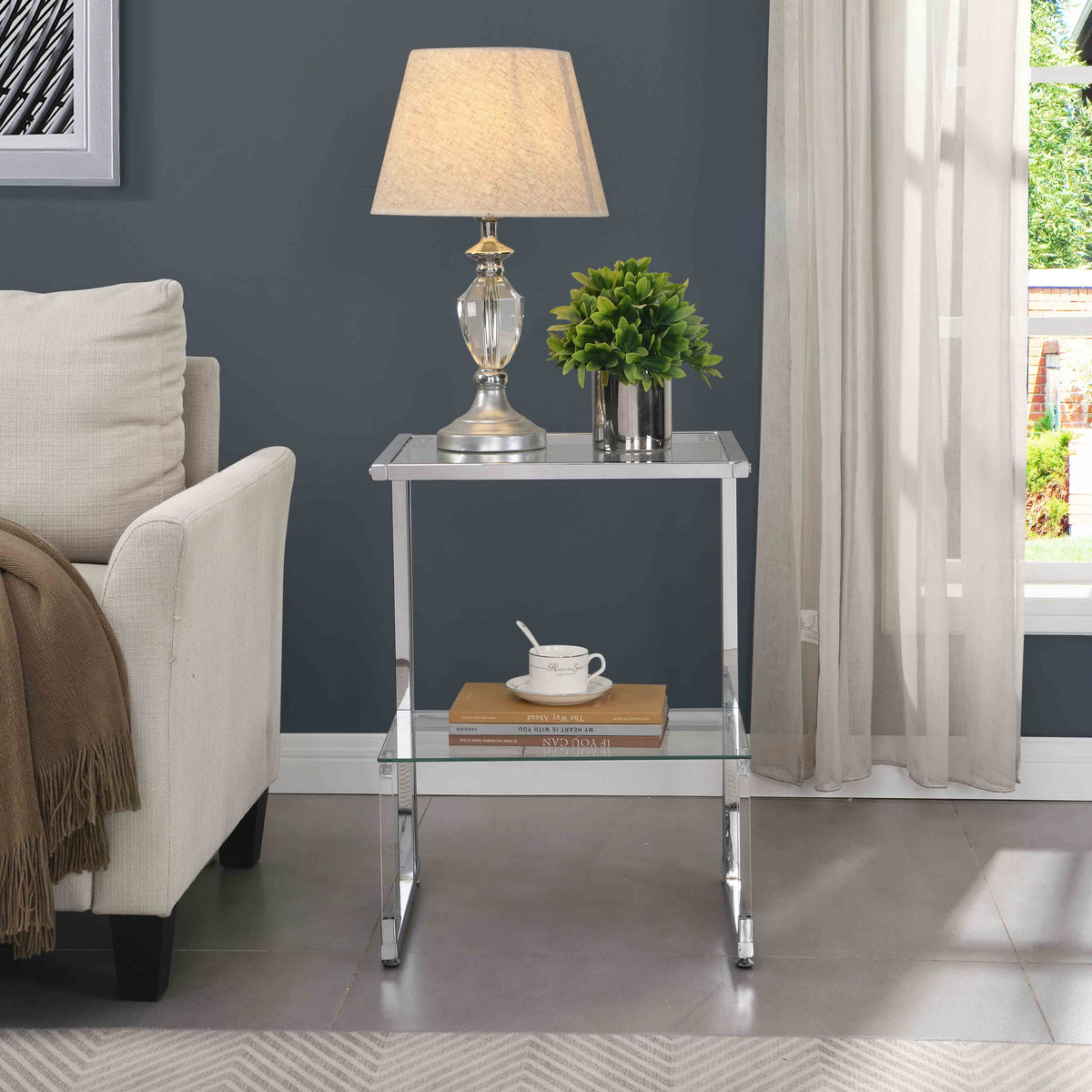 Chrome 2-Tier Acrylic Glass Top C Shape Side Table J1958