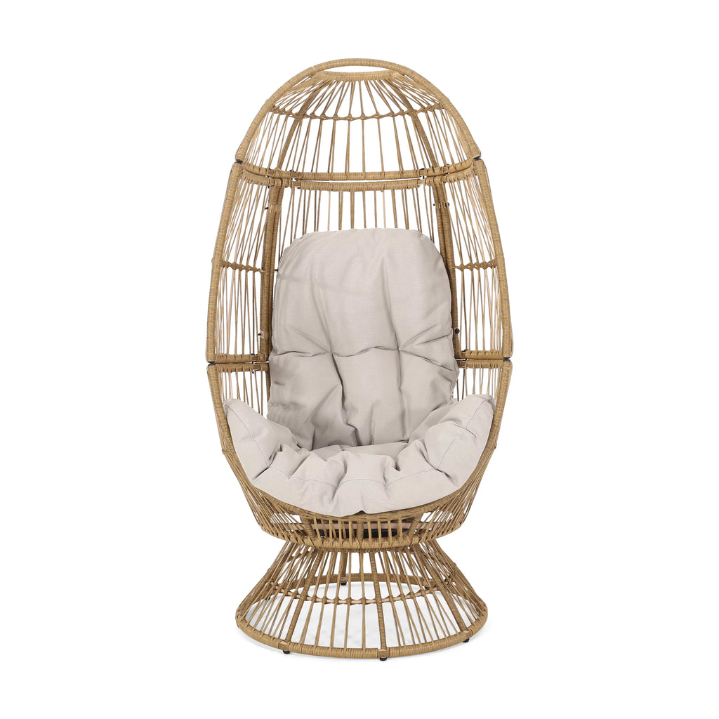 Light Brown Wicker Swivel Egg Chair with Cushion W16487