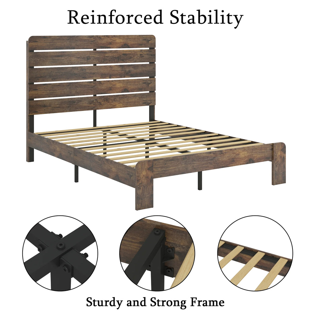 Queen Size Dark Brown Wood Platform Bed with Headboard K43104